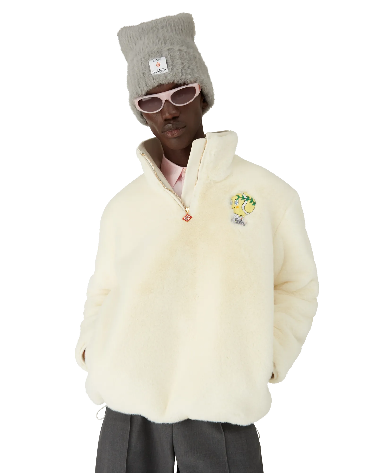 Tennis Mascot Quarter Zip Faux Fur Jacket - 图片 5