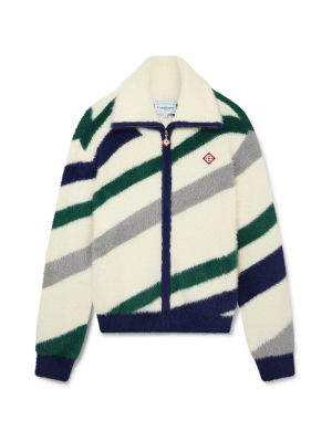 Diagonal Striped Fluffy Zip Up Jumper