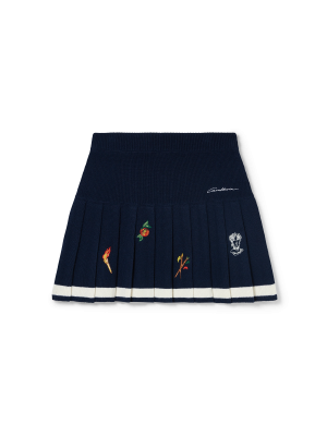 Embroidered Motif Wool Cashmere Pleated Skirt