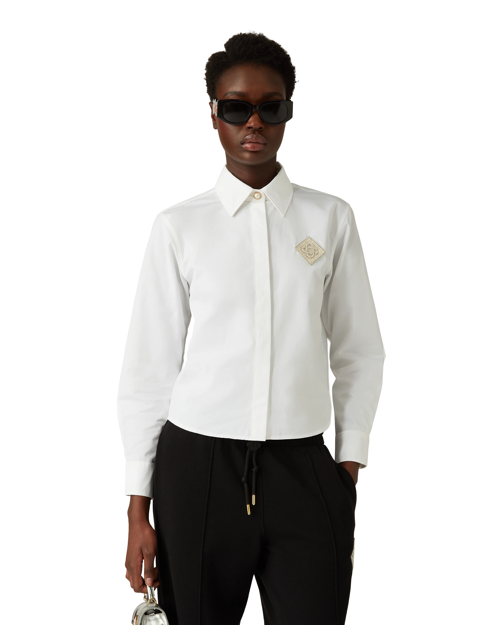 Pearl Diamond Patch Long Sleeve Cotton Shirt - 图片 4