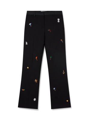 Embroidered Motif Wool Tailored Trousers