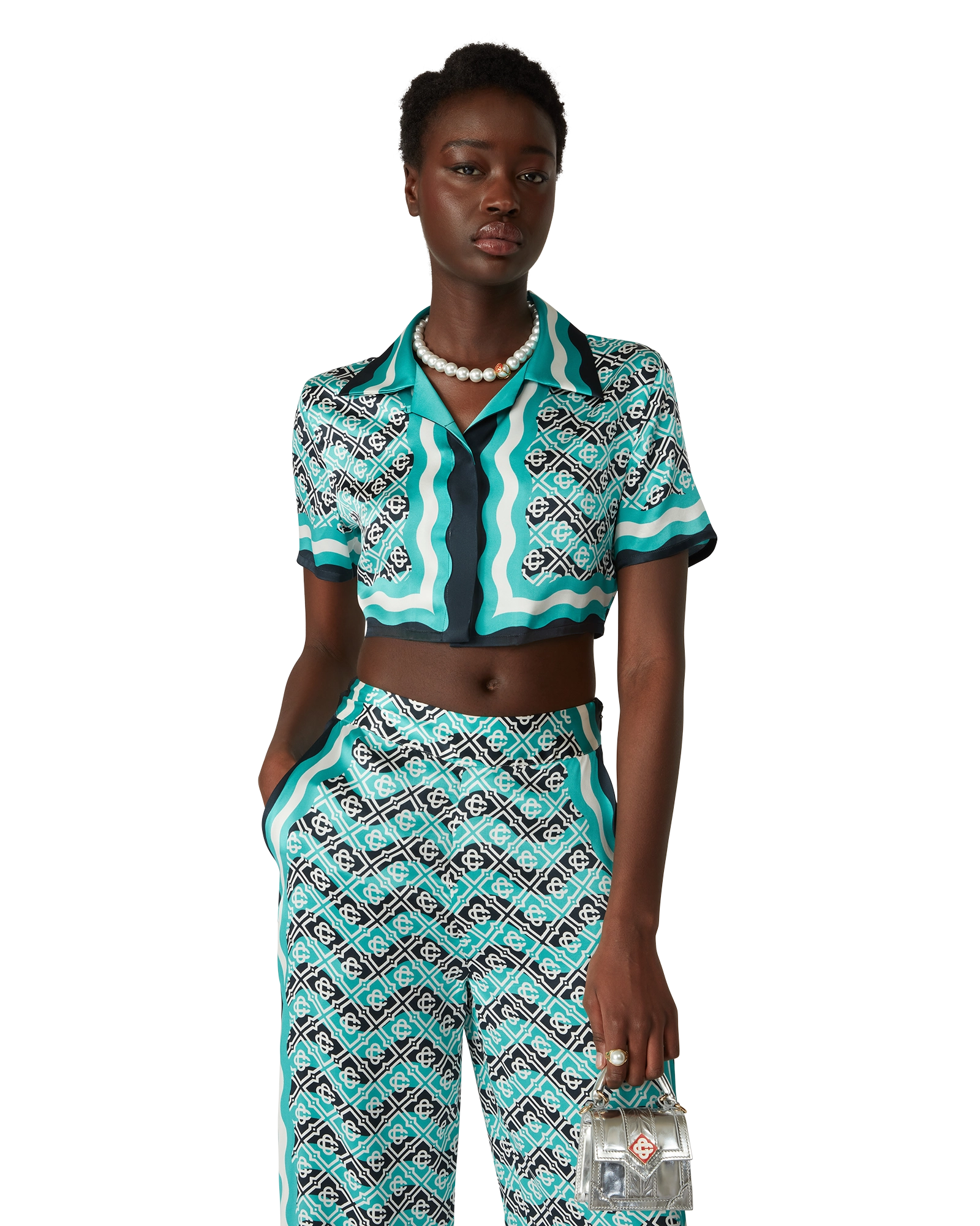 Monogram Wave Cropped Short Sleeve Silk Shirt - 图片 4